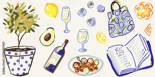 Hand drawn illustration of a potted plant wine bottle fresh fruit and an open book for a relaxing scene