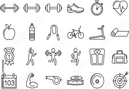 Fitness and wellness icon set, black-and-white gym gear, cardio, health symbols, workout tools for apps, merch, branding, kits