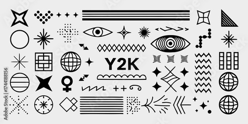 Collection of y2k inspired graphic design elements and abstract shapes in black and white