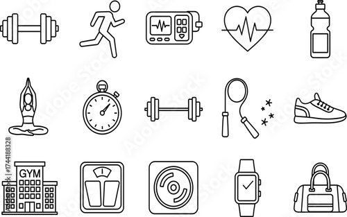 Fitness and wellness icon set, black-and-white gym gear, cardio, nutrition, health symbols for apps, merch, branding, educational kits