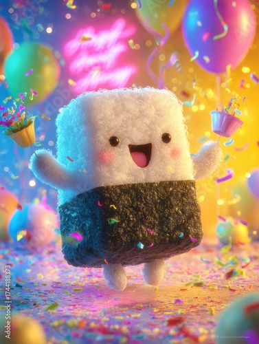 Cheerful Onigiri Character Celebrates with Balloons and Confetti in a Vibrant Party Scene Joyful and Festive