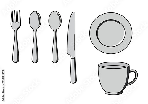 Illustration of a fork, spoons, knife, plate, and a cup, all in a grayscale color.