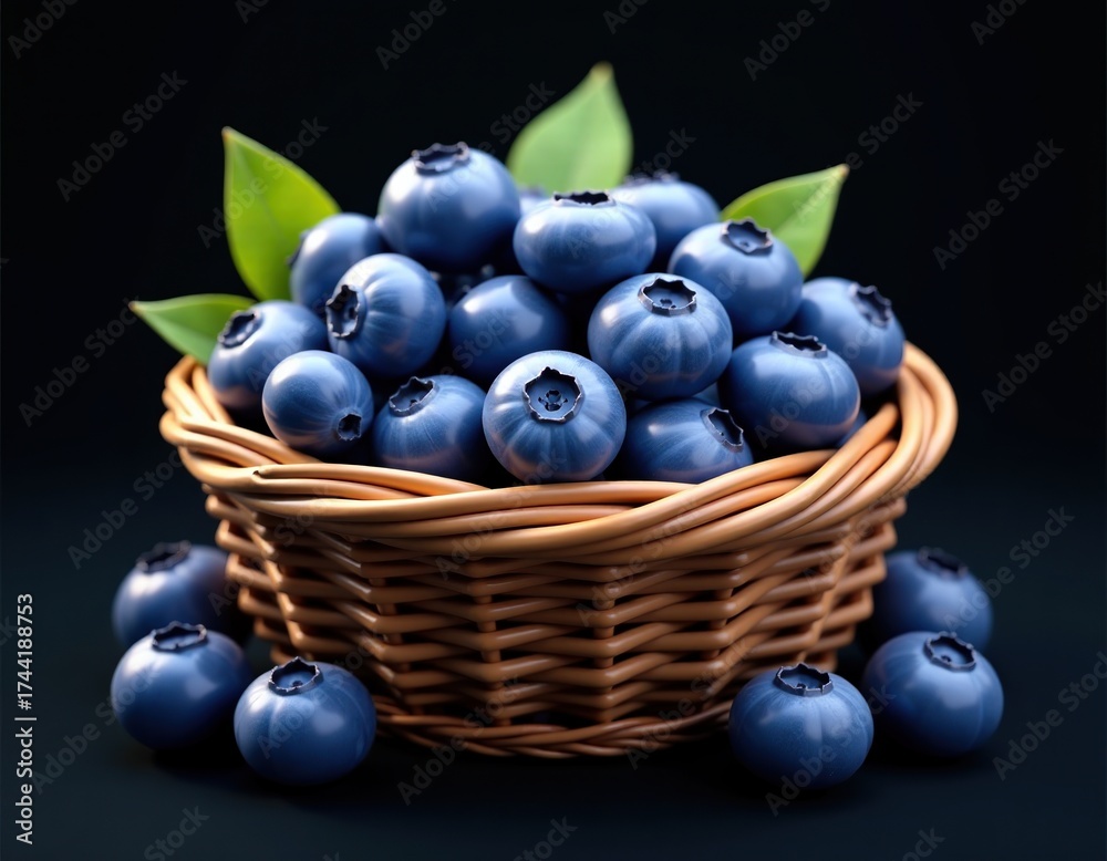 Fototapeta premium Fresh Blueberries in Wicker Basket on Dark Background