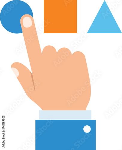Hand touching blue circle with orange square and light blue triangle finger pressing
