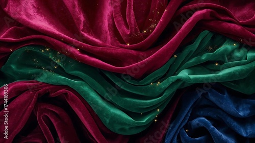 Abstract background featuring luxurious, heavy velvet fabric draped in soft waves, showcasing three distinct jewel tones