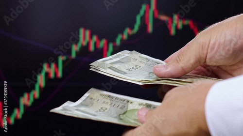Close up view of man hands, Indian rupee banknotes, market chart on computer screen in background. Concept of currency growth, stock price change, volatile financial market, internet trading in India.