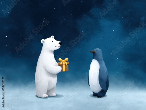 Gift exchange between polar bear and penguin winter wonderland illustrative art magical atmosphere playful perspective