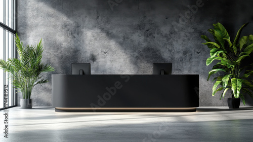 Sleek black reception counter mockup with LED strip lighting modern interior design lobby contemporary visitor corporate business workspace decor