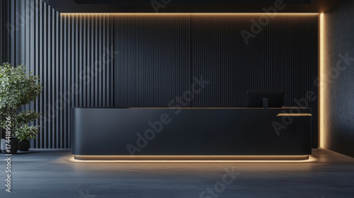 Sleek black reception counter mockup with LED strip lighting modern interior design lobby contemporary visitor corporate business workspace decor