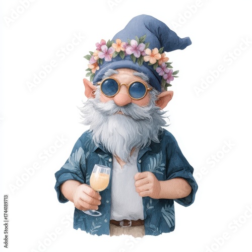 Relaxing gnome enjoying a tropical drink fantasy world character art whimsical full-color cheerful concept