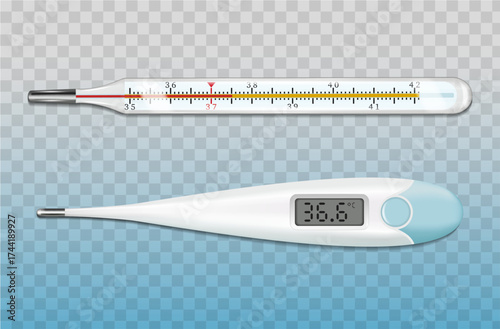 Medical digital and mercury thermometers. A set of two types for measuring body temperature during illness. Concepts: health and medicine, flu, colds. Used for collages and web design.