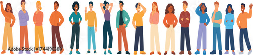 Flat vector lineup of diverse young adults in casual outfits with varied gestures and poses, friendly characters for communication, teamwork, social media, education, and modern business designs.