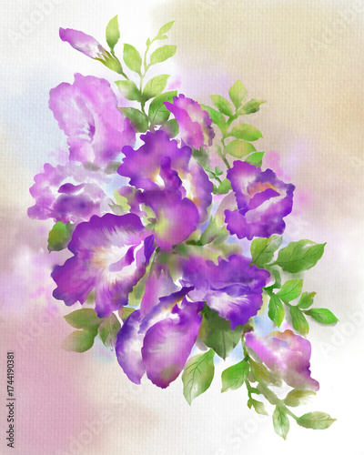 A vibrant watercolor painting of a cluster of Butterfly Pea (Clitoria ternatea) flowers and fresh green leaves. The artwork has a soft, delicate style in shades of purple and magenta, with an ethereal