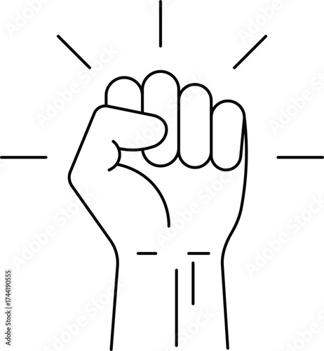 Black outline of a raised fist with radiating lines power strength