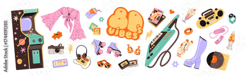80s items set. Accessories of 1980s. Retro fashion, style of 1980. Cassettes, roller skates, game machine, vinyl, magazines. Eighties nostalgia. Flat isolated vector illustrations on white background.