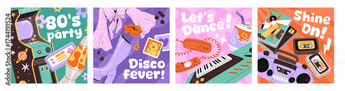 Design of 80s party cards set. Templates of 1980 nostalgia event. Disco 1980s promotion, invitation. Discotheque in retro style with cassettes, game machine, tape recorder. Flat vector illustrations.