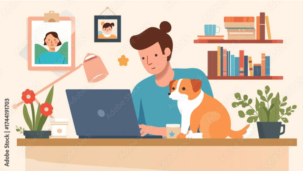 Fototapeta premium Person Working on Laptop with Dog at Desk in Bright Room