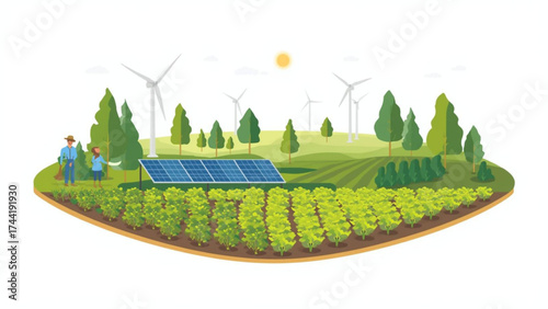 Sustainable energy farm with solar panels and wind turbines