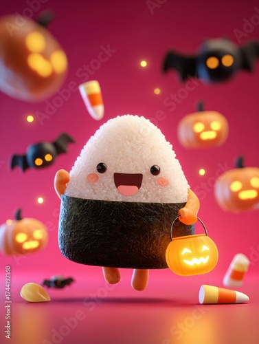 Adorable onigiri character celebrating Halloween with pumpkins bats and candy corn on a vibrant pink background