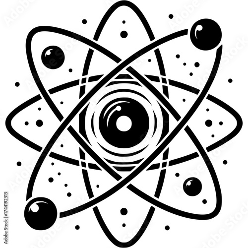 Atom Illustration: A detailed illustration depicts the structure of an atom, showcasing its central nucleus and orbiting electrons.