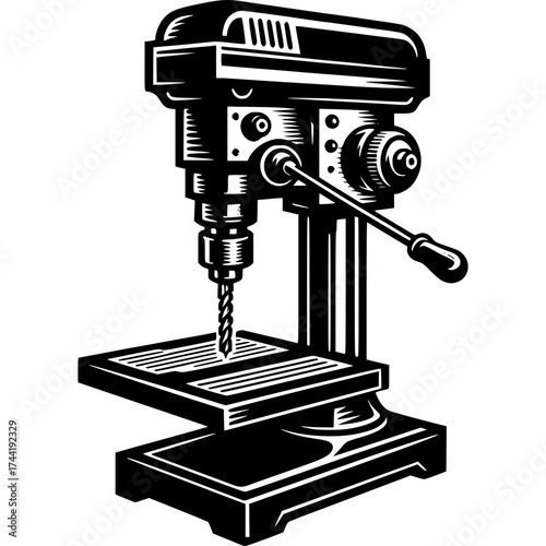 Precision Drill Machine: A detailed monochrome illustration showcasing a sturdy drill machine, poised for precision and power, perfect for any workshop or industrial setting.