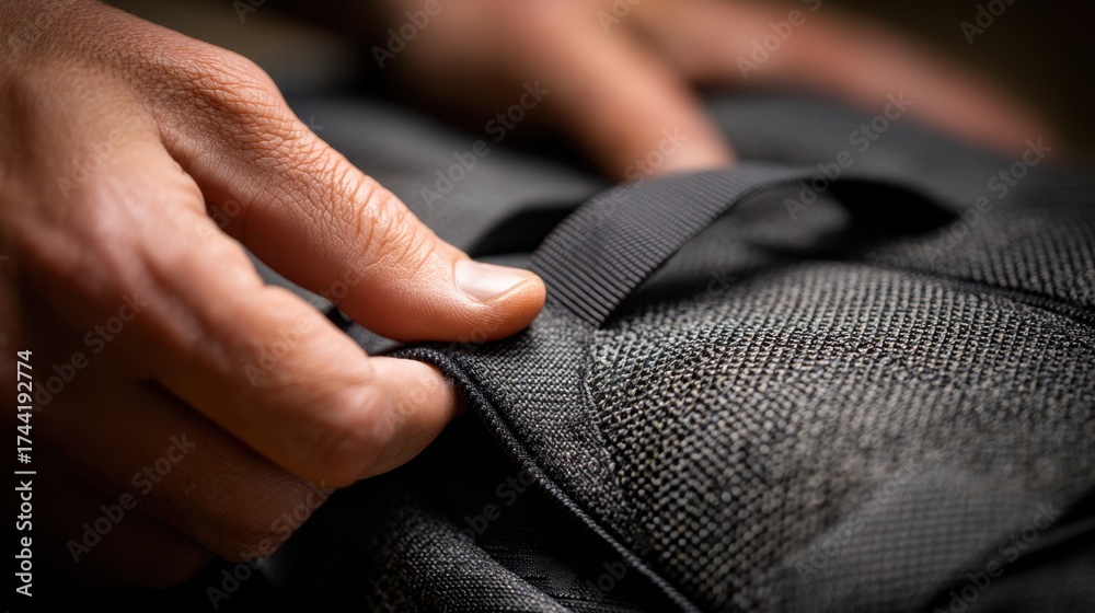 Fototapeta premium Detailed medium shot of a travelers hand touching durable ballistic nylon bag fabric with textured weave sharply in focus and the rest softly out of focus
