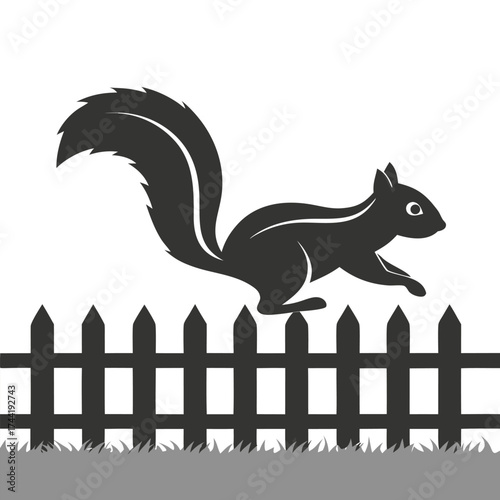 Silhouette squirrel energetically jumps over a stylized picket fence with a grassy backdrop