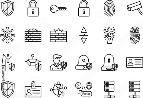 Security icon set, black-and-white line style, shields, fingerprints, padlocks, servers, 2FA, identity badges, malware, merch, branding kits