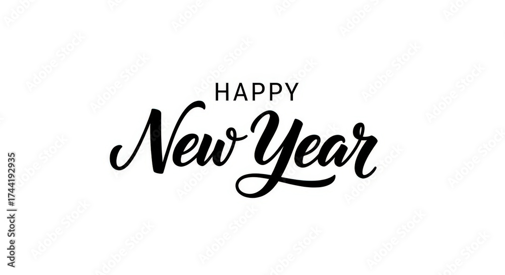 Fototapeta premium Elegant Script Handwritten New Year Greeting Black Calligraphy Isolated White Background Minimalist Style Holiday