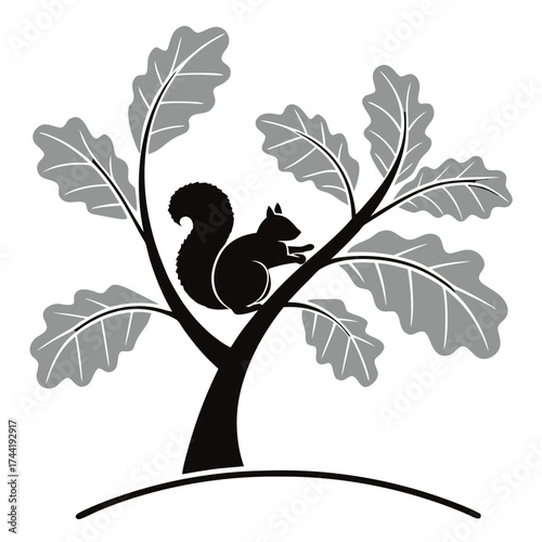 Silhouette squirrel sits calmly within a monochrome tree against a white backdrop with transparency