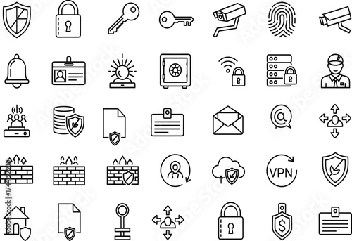 Security icon set, black-and-white line style, shields, padlocks, fingerprint, cloud protection, VPN, servers, ID badges, merch, branding kits