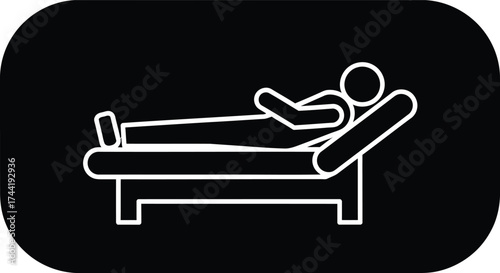 Simple white outline icon of a person lying on a hospital bed against a black rounded rectangle background
