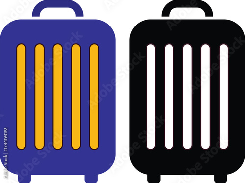 Blue and yellow striped suitcase next to black suitcase icon luggage travel