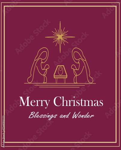 Elegant Christian Christmas Card Template | Nativity Scene Minimalist Line Art Vector.