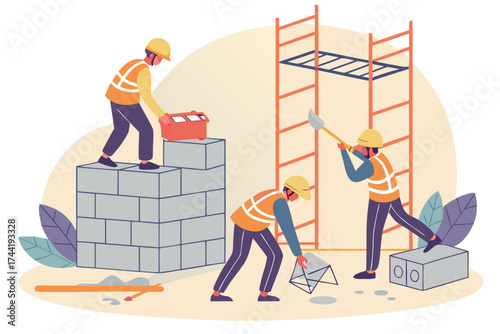 Isometric view of construction workers building a brick wall with scaffolding and tools on a platform