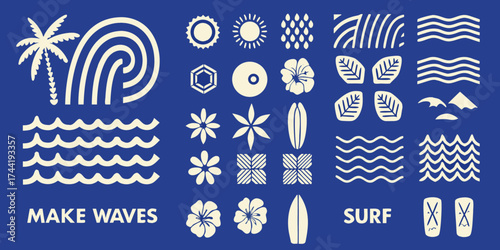 Collection of tropical and surfing themed icons and symbols on a blue background