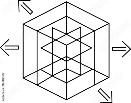 Black line art cube illusion with directional arrows on white background optical illusion geometric