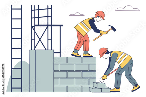 Isometric illustration of construction workers building a brick wall with scaffolding present nearby