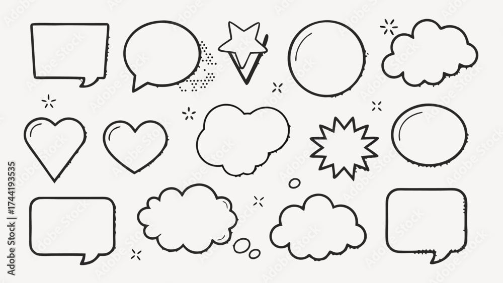 Obraz premium Outlined vector set of comic speech bubbles — including oval, round, and cloud shapes arranged in a clean grid for pop art design.
