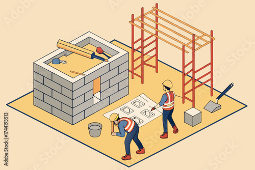 Isometric view of construction workers building a brick wall with scaffolding and tools on a platform