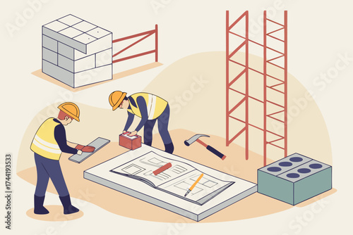 Isometric illustration depicting construction workers building a structure and brick wall project