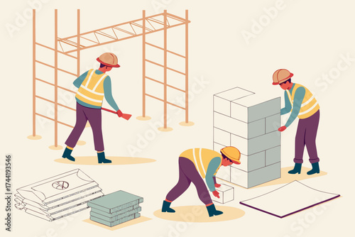 Construction workers building a house with scaffolding and materials on site in a vector illustration