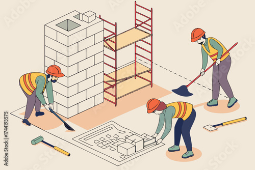 Isometric illustration depicting construction workers building a brick structure indoors scene