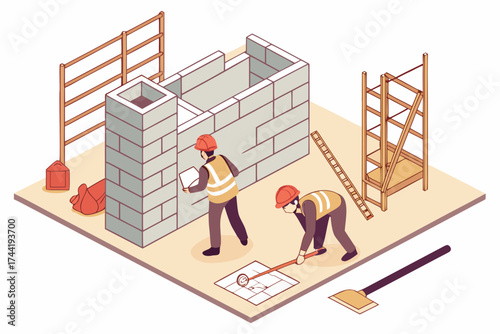 Isometric illustration depicting construction workers building a brick structure indoors scene