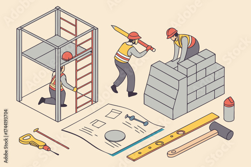 Isometric illustration depicting construction workers building a structure and brick wall project
