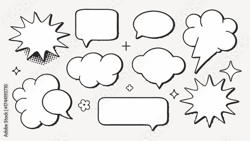 Vector illustration with speech bubbles cloud shapes stars and a flower in black outline on a white background