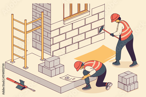 Construction workers building a brick wall with scaffolding and architectural plans on a construction site