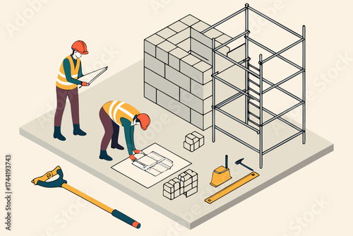 Isometric view of construction site with workers building a brick wall and scaffolding structure visible