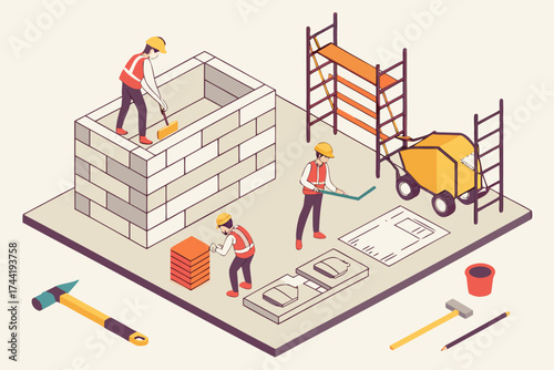 Isometric view of construction workers building a brick structure with tools and equipment present
