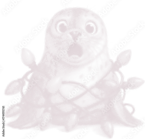 A cute, surprised seal tangled in Christmas holiday lights. Funny monochrome halftone vector illustration for festive seasonal winter designs and greeting cards.
